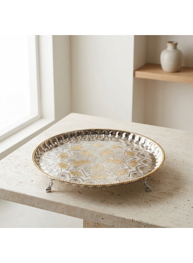Si Bonne Luxury Round Decorative Tray with Gold Floral Engraving and Metal Legs - Image 2